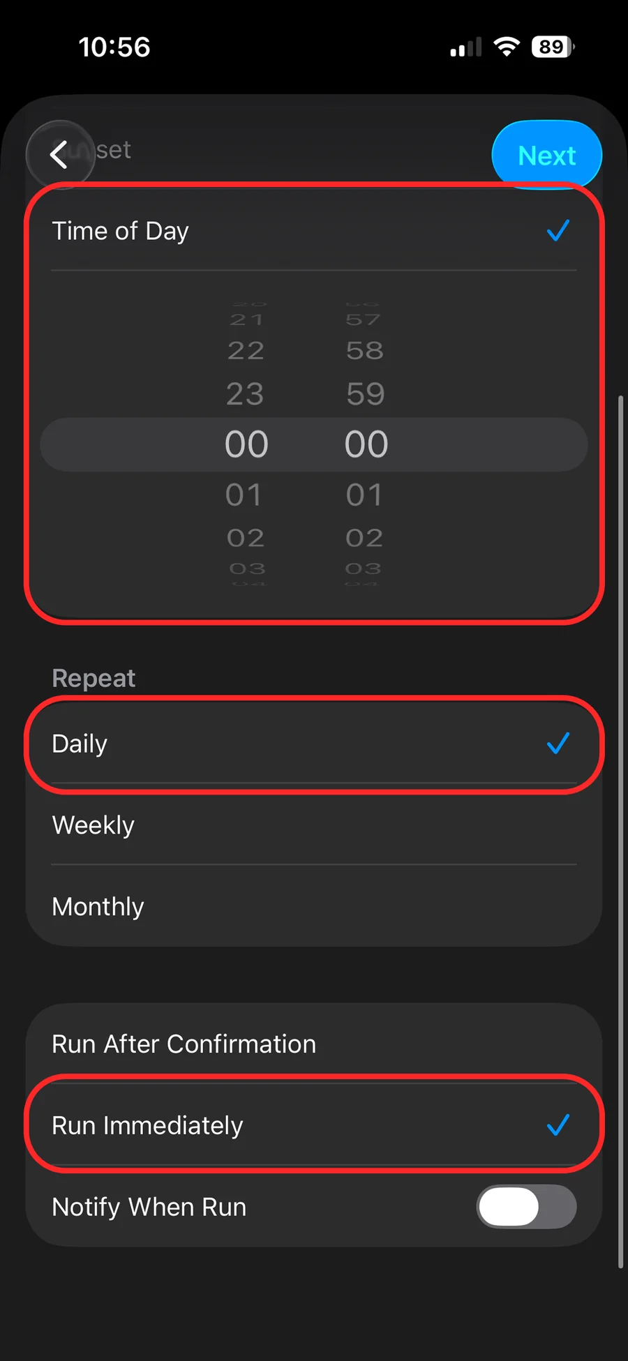 Shortcuts automation settings with Daily, Run Immediately on and Notify When Run off