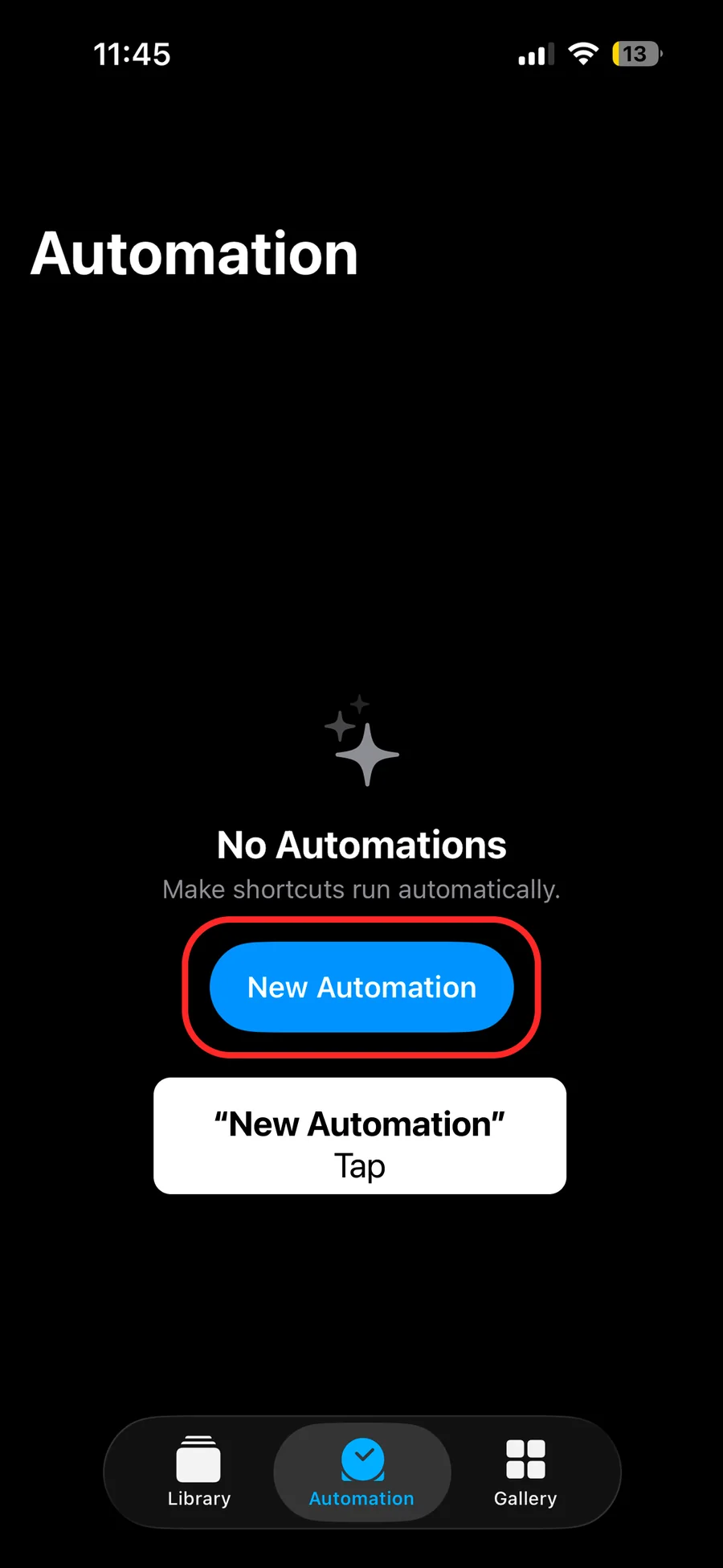 The Automation tab in the iPhone Shortcuts app with the New Automation button highlighted