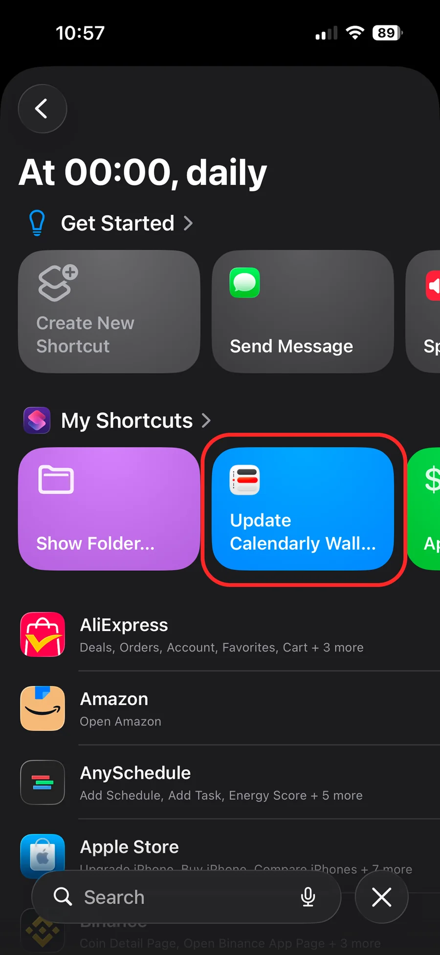 The My Shortcuts list with Update Calendarly Wallpaper highlighted