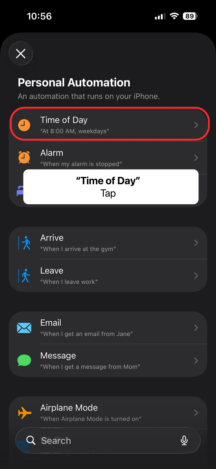 The Shortcuts trigger list with Time of Day highlighted