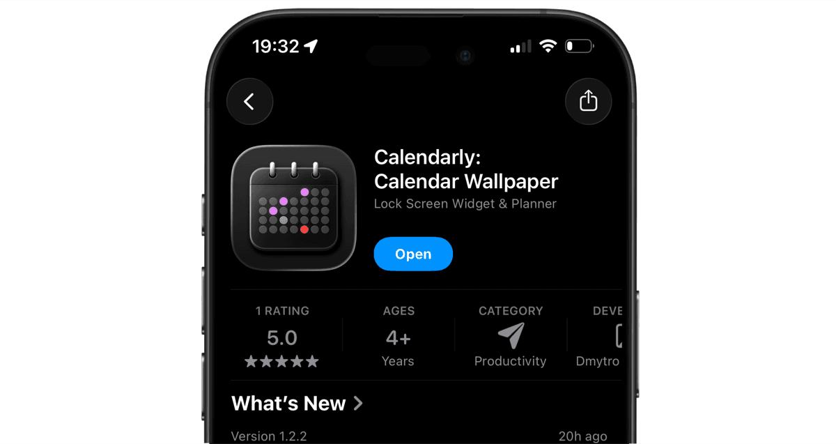 iPhone showing Calendarly app on the App Store - first step for lock screen calendar setup