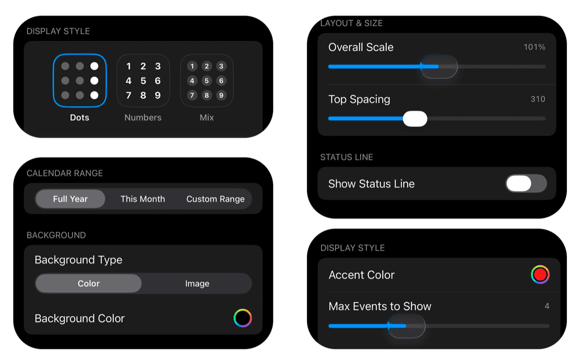 Calendarly customization menu for font choice, spacing and calendar density