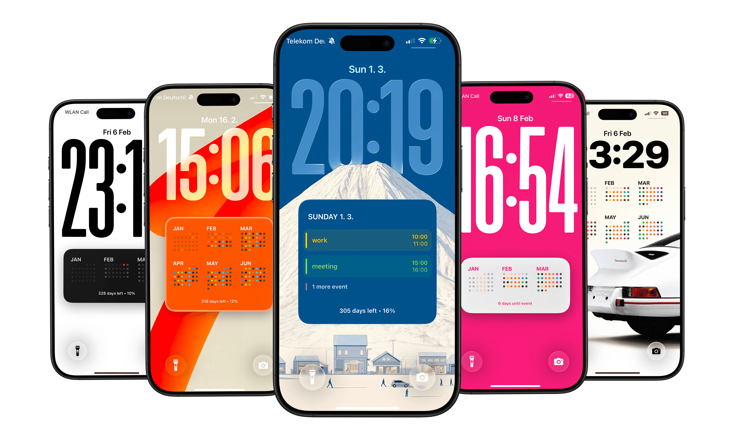 Various iPhone lock screen calendar setups created with Calendarly app