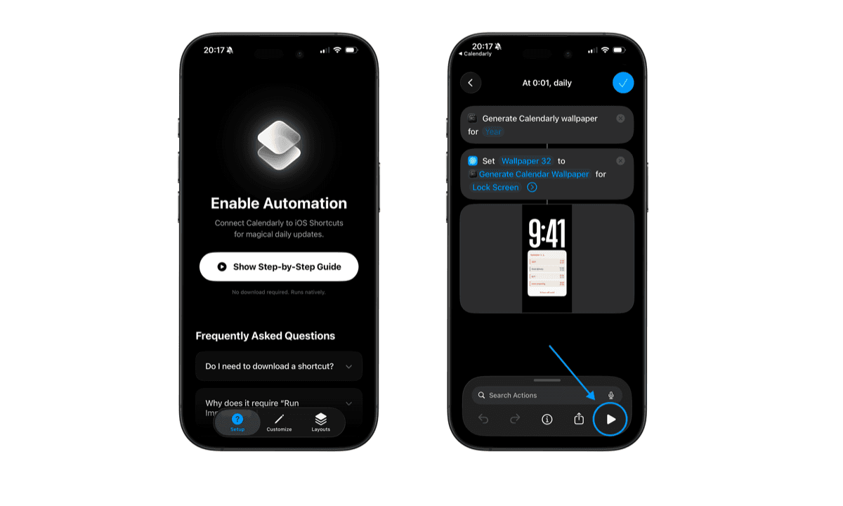 Configuring Apple Shortcuts to automate iPhone lock screen calendar wallpaper updates