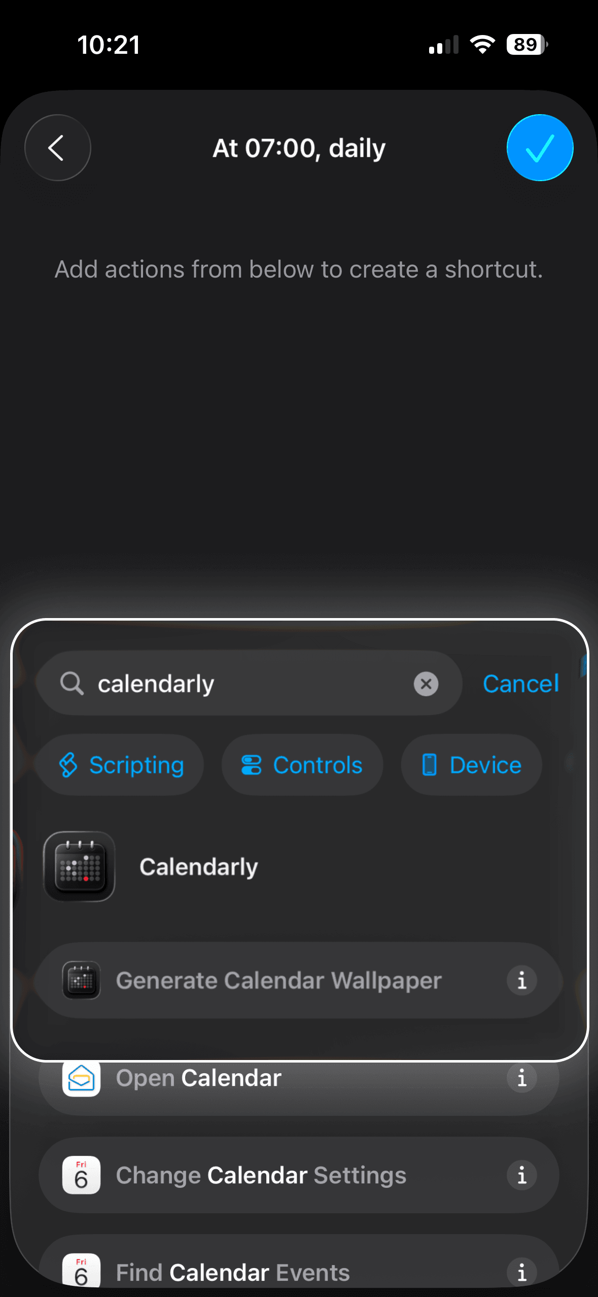 Adding Generate Calendar Wallpaper action to Shortcuts