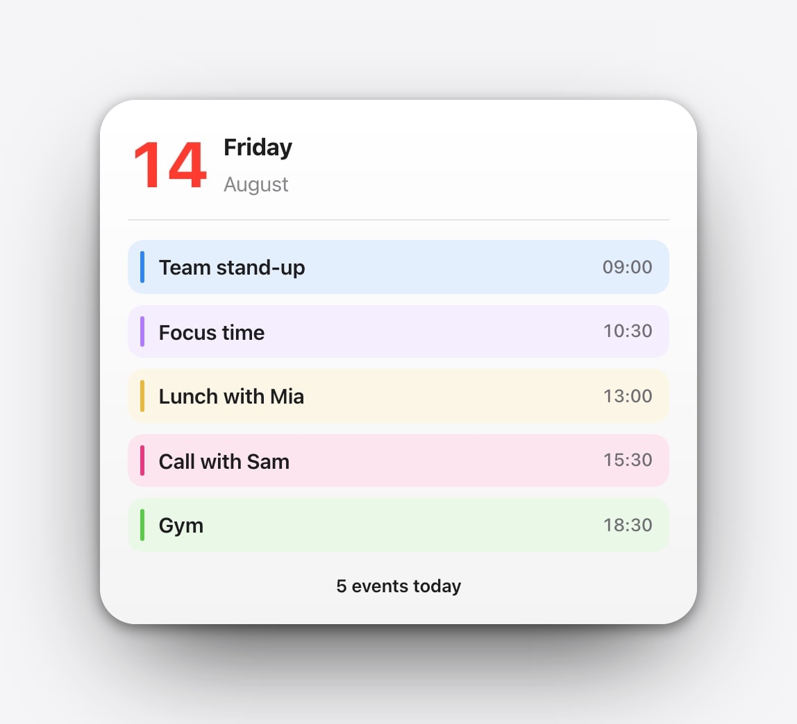 Today’s events ordered by time in a Calendarly wallpaper layout