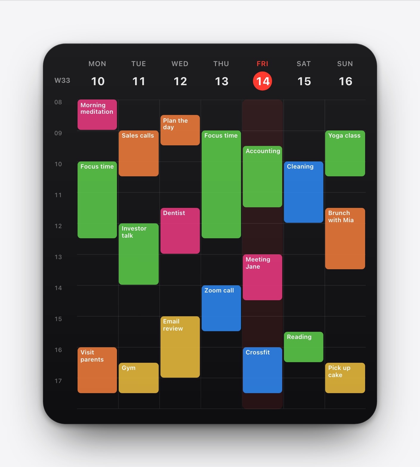 A college class schedule shown in a Calendarly weekly wallpaper