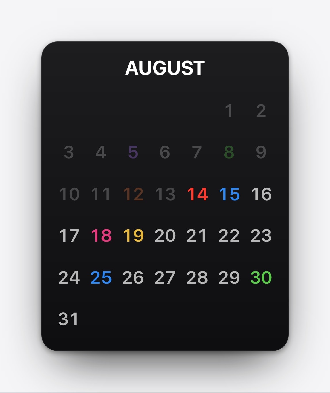 A month calendar generated by Calendarly for an iPhone Lock Screen A month calendar generated by Calendarly for an iPhone Lock Screen