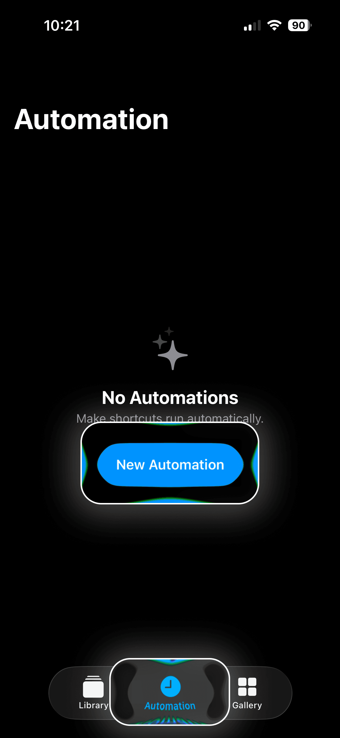 iPhone showing Shortcuts App Automation Tab to start lock screen calendar setup