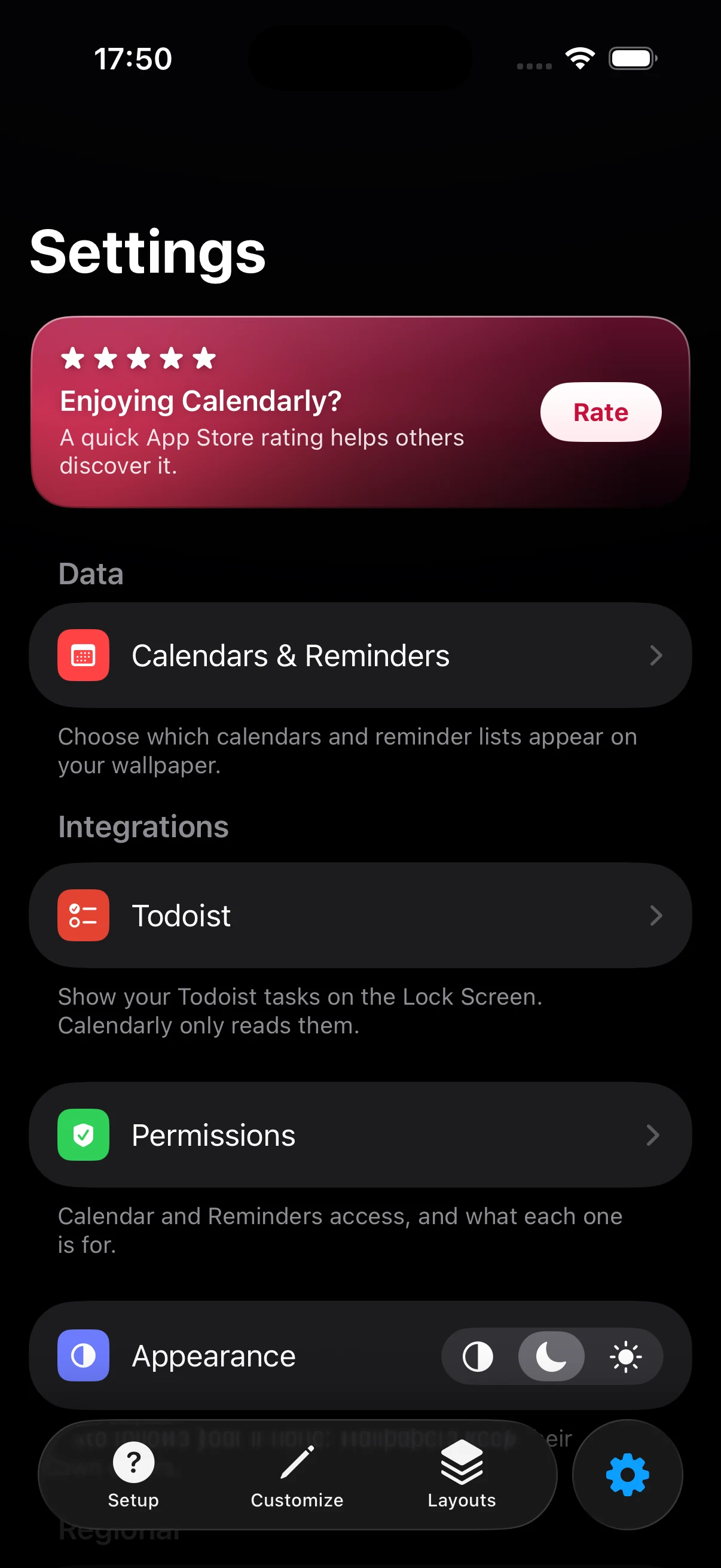 The Integrations screen in Calendarly, where a Todoist account is connected